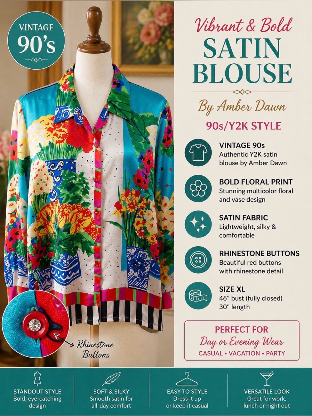 Bright Turquoise Floral Button-Front Satin Blouse